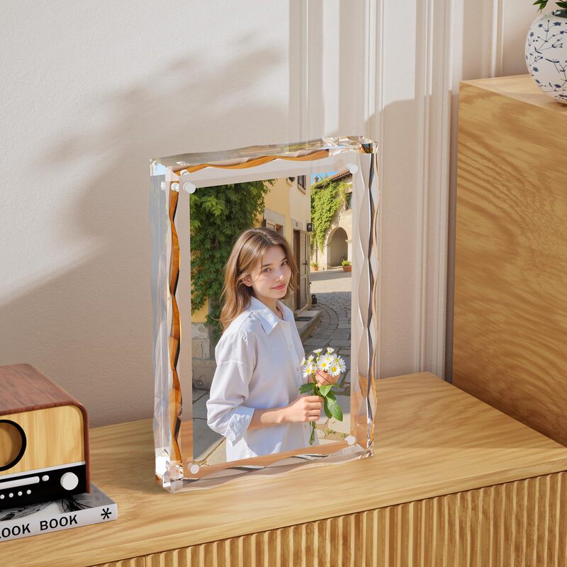 Magnetic Double-Sided Acrylic Photo Frame 4x6inch Thickened Crystal Clear Water Ripple Edge Desktop Display Photo Frame