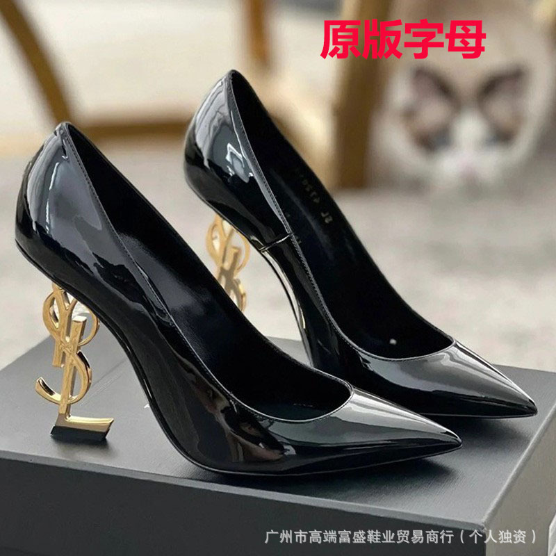2025 Celebrity Style Yangshulin Patent Leather Letter High Heels Shallow Fashion Sexy Pointed Stiletto Women's Shoes