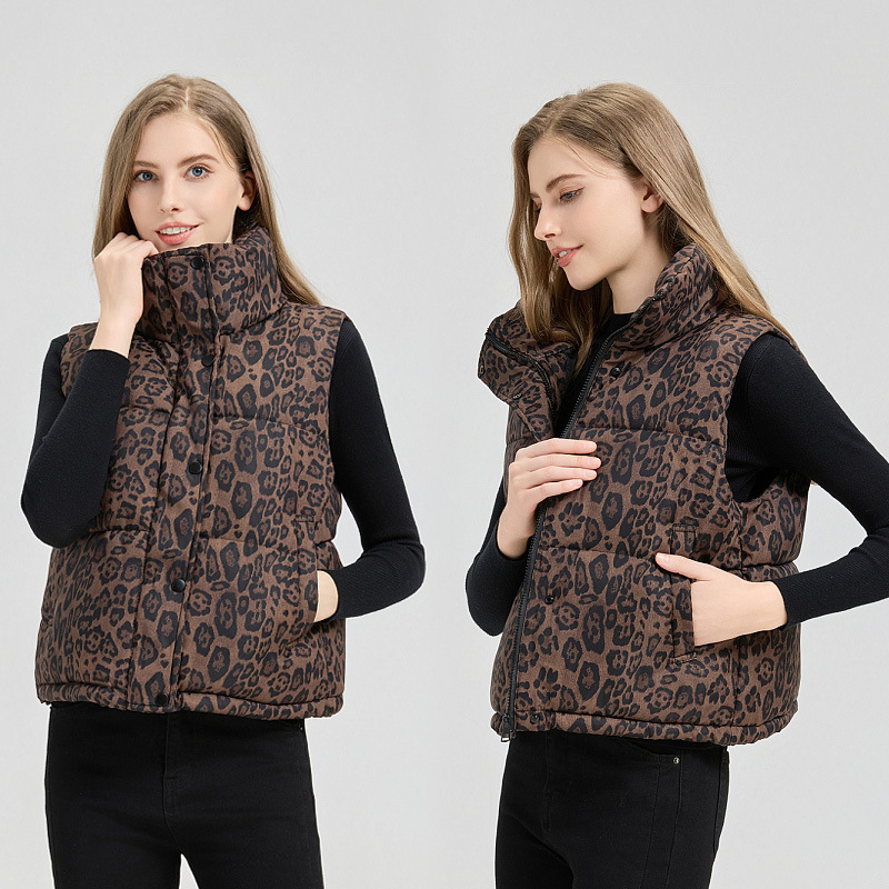 Leopard Print Stand Collar Short Cotton Vest for Women, Autumn and Winter New Design, Niche Thickened Vest, down Cotton
