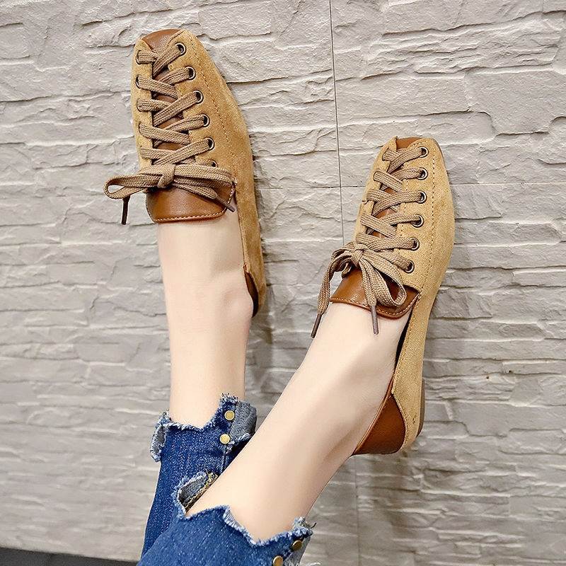 Trendy Women's Lace-Up Shallow Flat Square-Toe Loafers Versatile Korean Style Social Fashion Student Spring and Autumn New Model