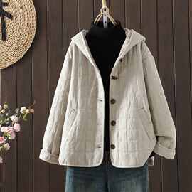 有现货女士新款冬棉麻棉服外套绗棉文艺复古牛角扣外套冬装