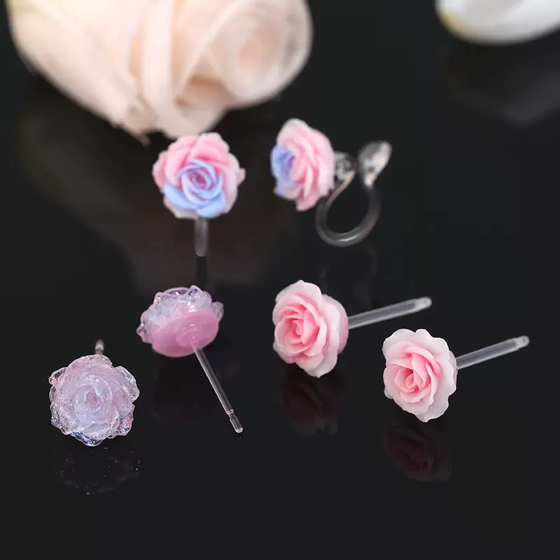 粉色玫瑰花小巧精致耳钉养耳洞免摘耳饰女无耳洞可戴通勤树脂耳夹
