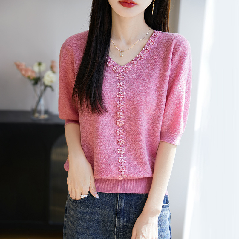 小香风重工钉珠提花针织短袖t恤女新款漂亮小衫高级感V领女装上衣|undefined