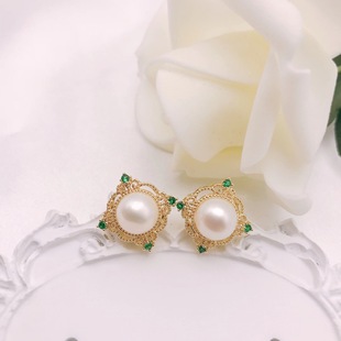 S925 Silver Needle Scratchable Powder Natural Pearl Square Small Green Zirconium Popular Source Factory Direct Sales Pearl Earrings Earrings