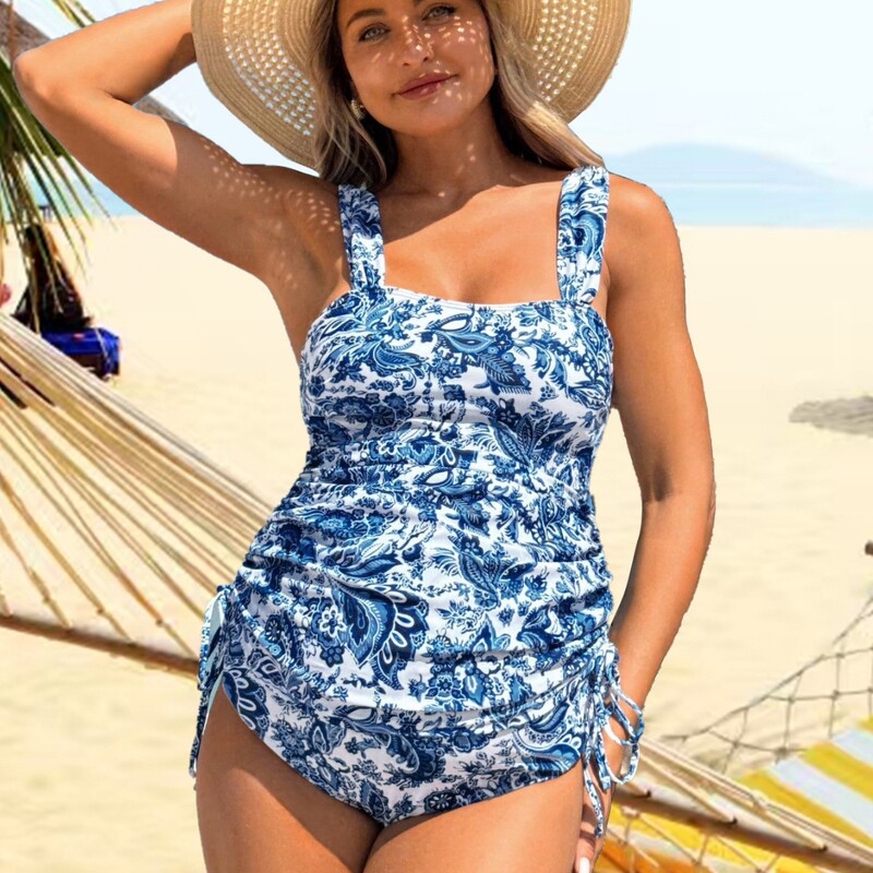 Cross-Border Maternity Swimsuit Women's Blue and White Porcelain Printed Pleated Belly-Covering Suspender One-Piece Swimsuit Beach Vacation Plus Size Swimsuit