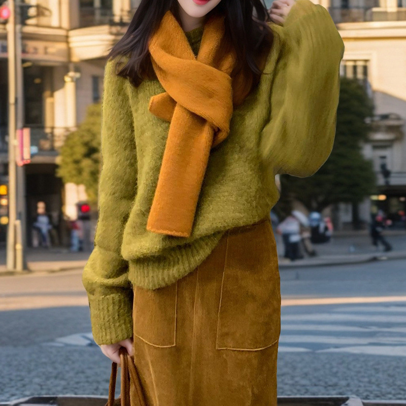 가을 여성의 2025 새로운 외국식 연령 감소 니트 스웨터 하이 허리 엉덩이 스커트 투피스 세트 세트