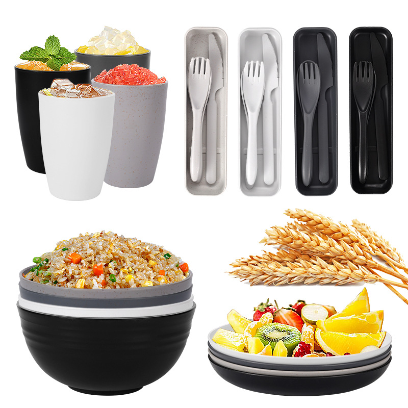 Amazon Cross-border Wheat Straw Tableware Knife Fork Spoon Bowl Plate Cup Set Outdoor Portable Tableware Gift Set