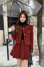 红色小香风套装裙两件套秋冬新款时尚气质名媛外套+百褶裙