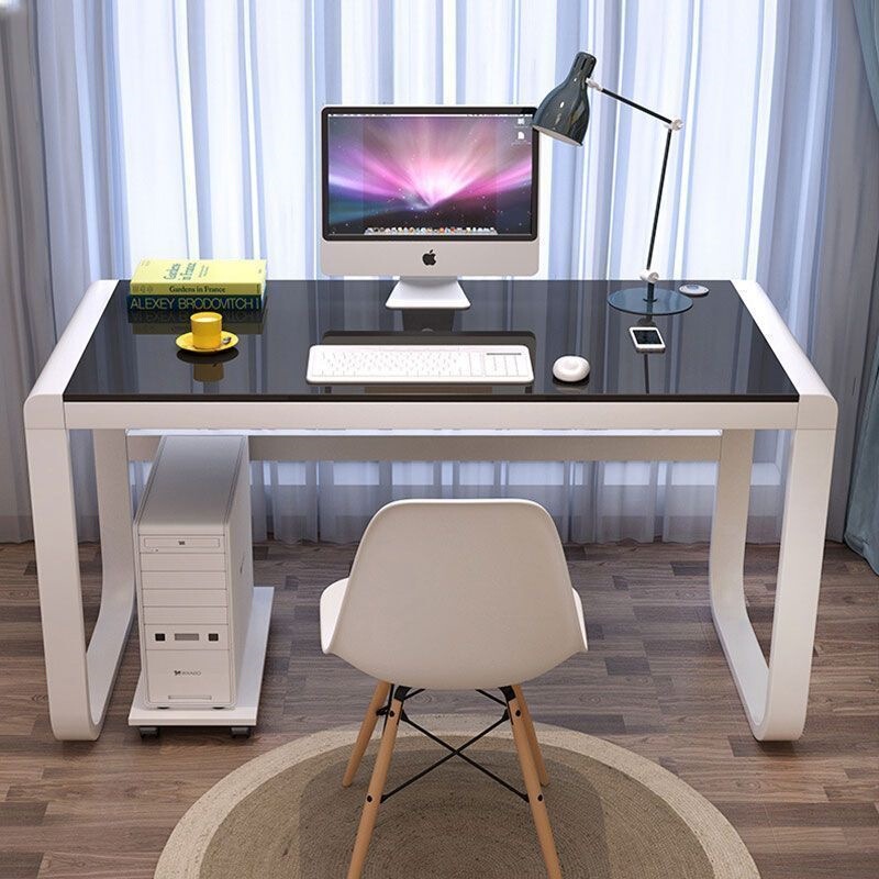 Simple computer desk, office desk, widened tempered glass desktop, home-use small-sized writing desk, student bedroom desk Simple computer desk, office desk, widened tempered glass desktop, home-use small-sized writing desk, student bedroom desk