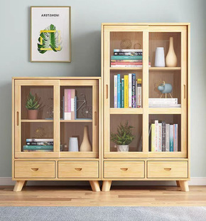 Solid Wood Sliding Glass Cabinet Door Living Room Display Cabinet Storage Rack Children's Bedroom Student Solid Wood Bookcase Floor-Standing Bookshelf