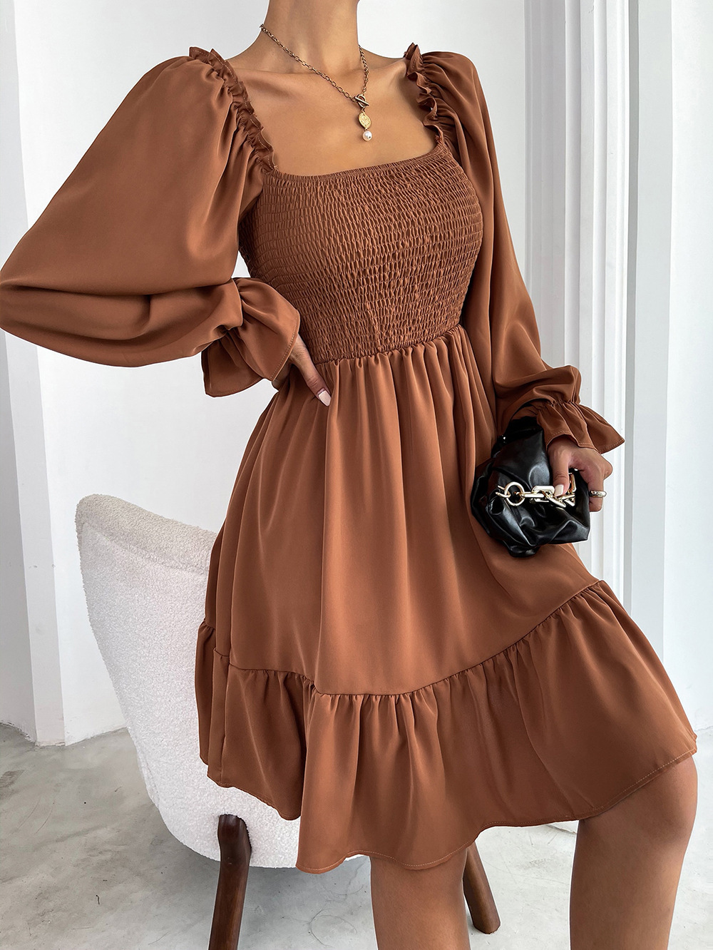 374g Weight Knee-Length Dress Length Type Long Sleeve Sleeve Length A-Line Skirt Dresses Type Flounce Sleeve Sleeve Type Polyester Fabric Type High Waist Waist Line Daily Occasion Square Neck Neckline Regular Fit Fit Type Solid Color Pattern Summer, Spring, Autumn Season Women'S Gender Ruffles Design Fashion Style Wholesale Women'S Fashion Ruffles Solid Color Daily Square Neck Long Sleeve A-Line Skirt 14