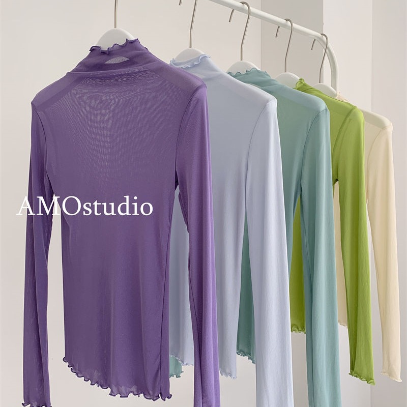 Purple High-Neck Mesh Bottoming Shirt with Sheer Inner Layer, Slim-Fitting Slightly See-Through Bottoming Shirt, Colorful Dopamine Outfit