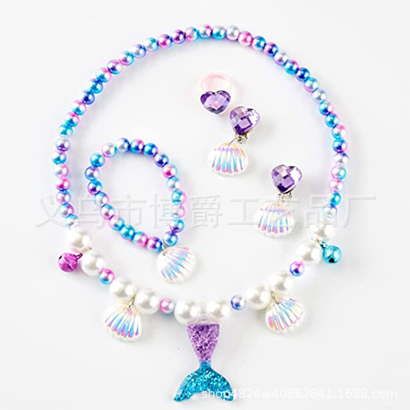 Collar de princesa sirena para niños Pulsera de perlas de concha Varita mágica para niños Accesorios de hadas para niños Traje de rol