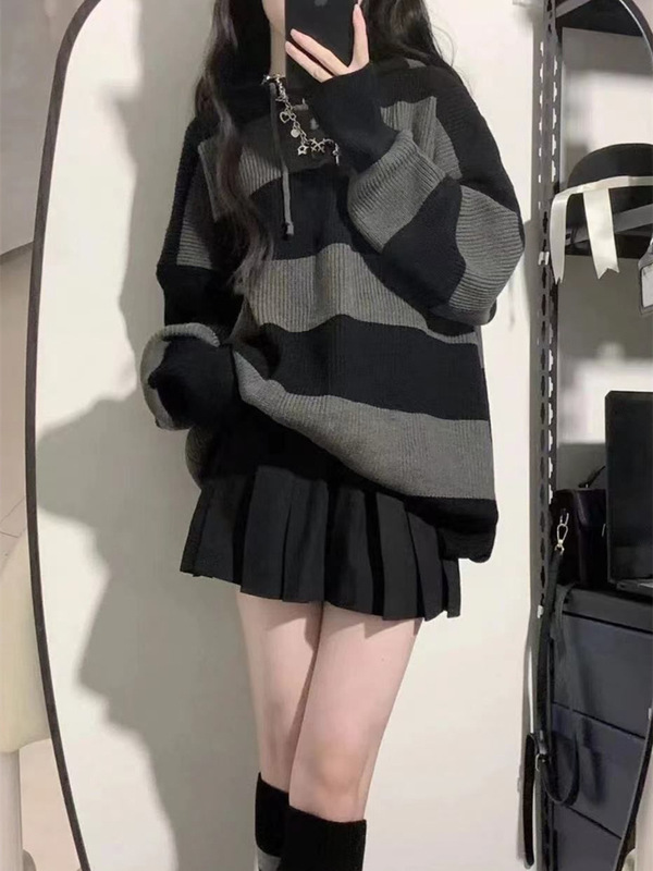 韩系复古条纹连帽针织衫上衣女秋冬新款时尚慵懒风宽松中长款毛衣|undefined