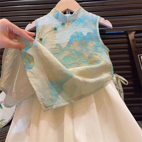 2025 Western-style girls 'cheongsam summer new children's Chinese printed dress long dress baby China style dress