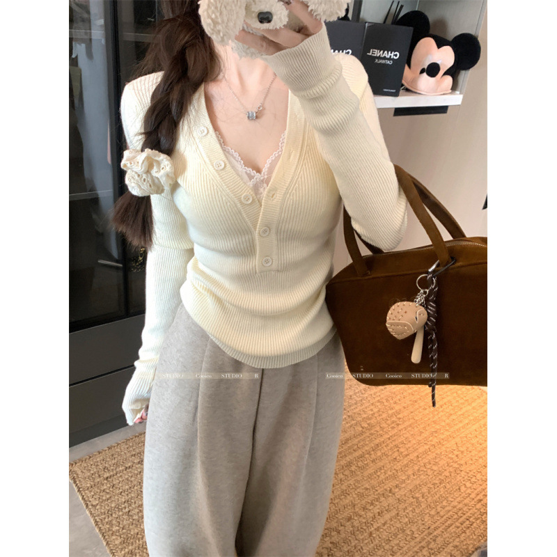 纽扣锁骨衫心机设计V领修身弹力显瘦纽扣针织上衣女装毛织衫工厂|undefined