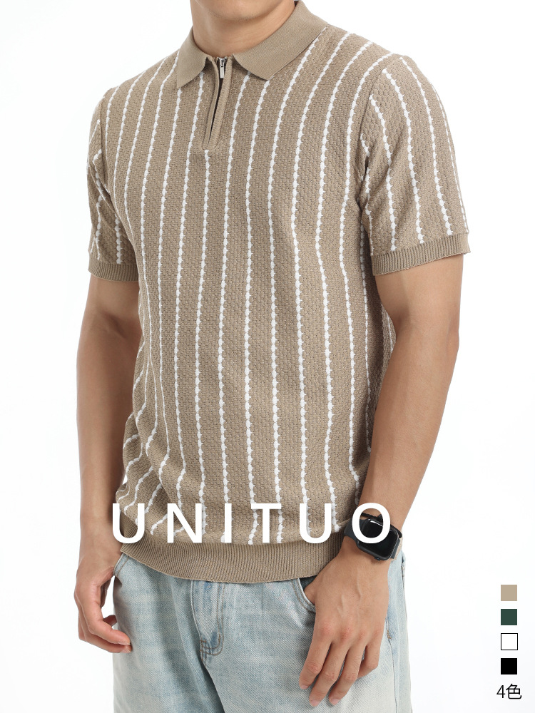Europa y los Estados Unidos de verano hombre jacquard rayas punto polo medio cremallera solapa camiseta de negocios de manga corta camiseta casual