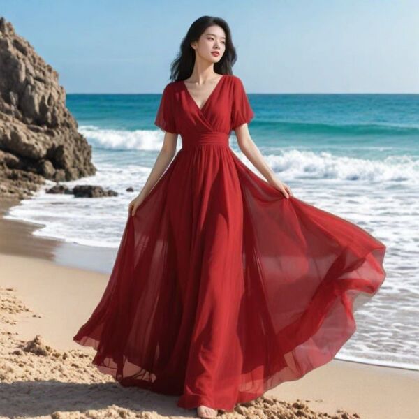 Summer red shiffon long fitted beach dress