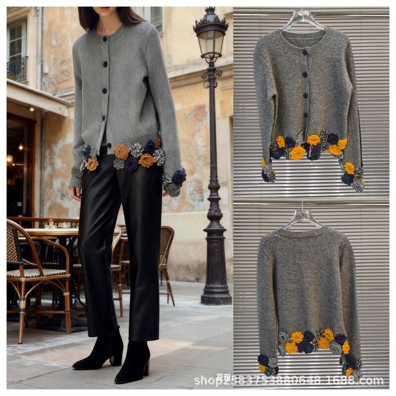 Handmade Hem Stereo Flower Knitted Cardigan for Women 2025 Autumn Gray Round Neck Fashionable Versatile Age-Reducing Crochet Sweater