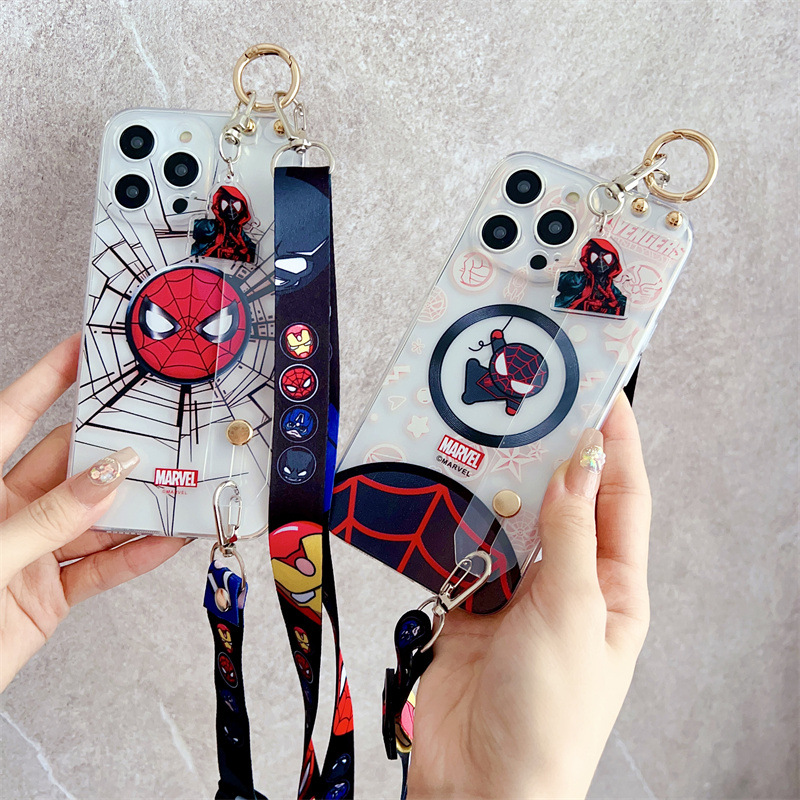 适用三星S22ultra腕带手机套创意Q版蜘蛛侠s20fe/S22斜挎软壳S23u