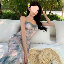 新中式收腰显白蕾丝胸杯碎花吊带连衣裙女图片色针织面料修身型