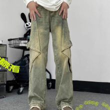 复古做旧牛仔裤男美式高街嘻哈潮牌设计感黄泥色宽松直筒裤子男款