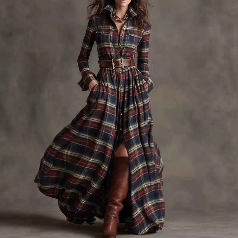 Plus Size Women's French Retro Plaid Slimming Irregular Dress European and American Amazon New Design Dress