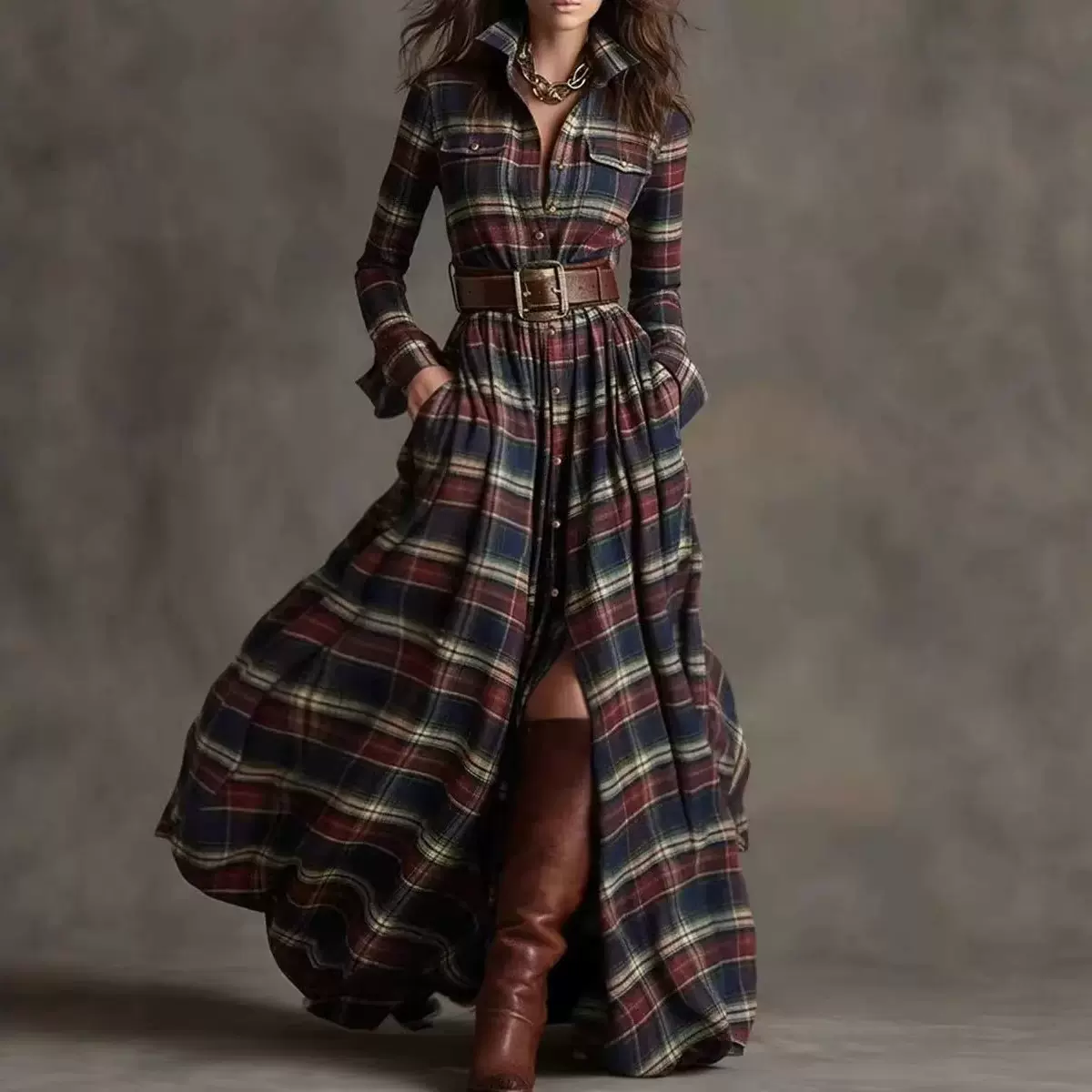 大码女装法式复古格子显瘦不规则连衣裙女欧美亚马逊新款设计感裙