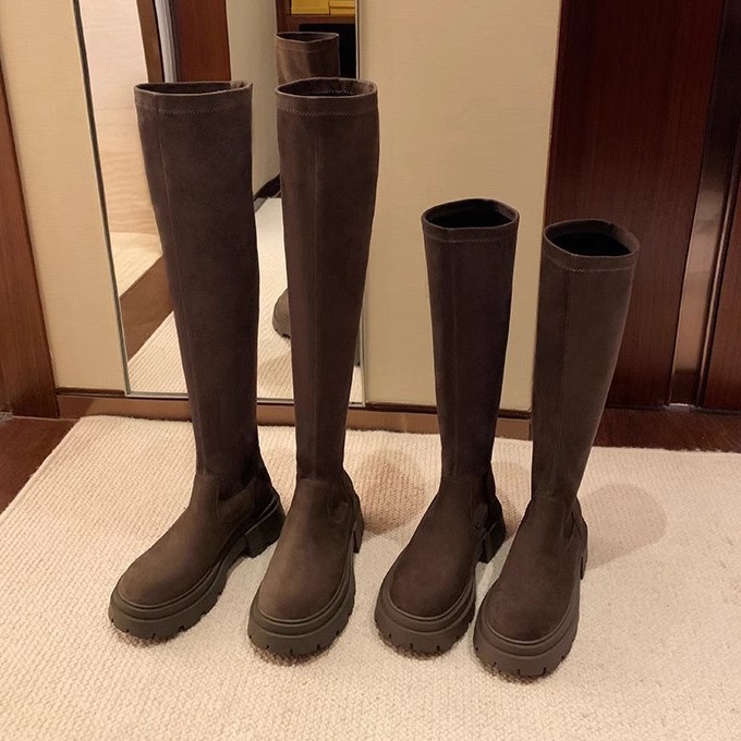 Nuevas botas de otoño e invierno con punta redonda, suela gruesa y efecto de aumento de altura, que hacen que las piernas se vean rectas y delgadas, botas largas elásticas de gamuza por encima de la rodilla para mujer. image 1