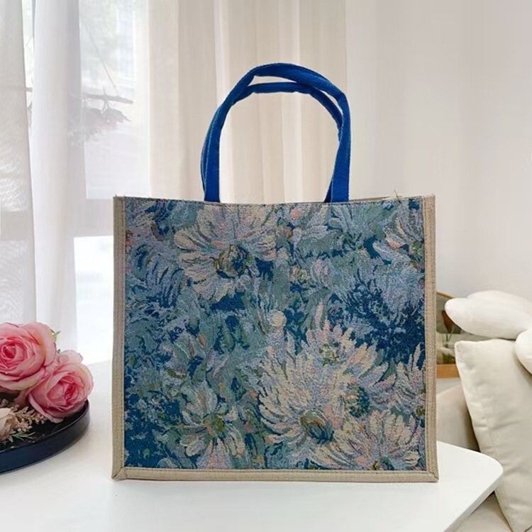 Simple linen bag cartoon embroidery portable fashion cross-bag women's large capacity portable shopping storage bag packaging bag