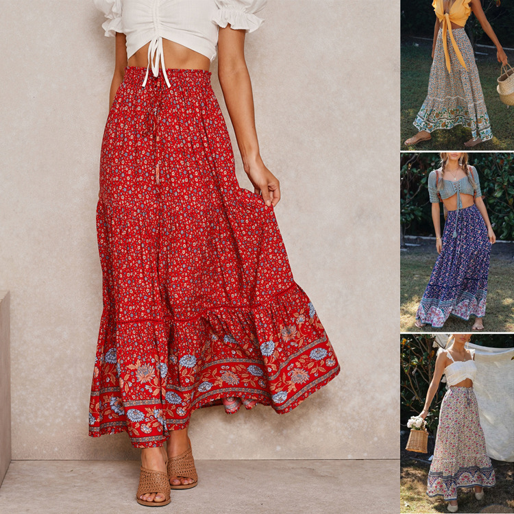 European and American 2022 Autumn and Winter New Hollow Lace Cotton Positioning Flower Large Swing Skirt Bohemian Beach Skirt Women
