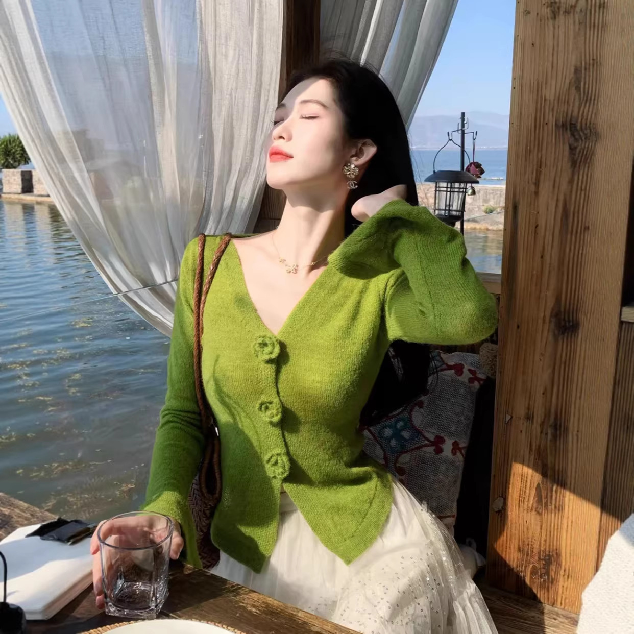 凌茜恣禾 青提'绿色马海毛立体花针织衫女早春法式开衫修身上衣