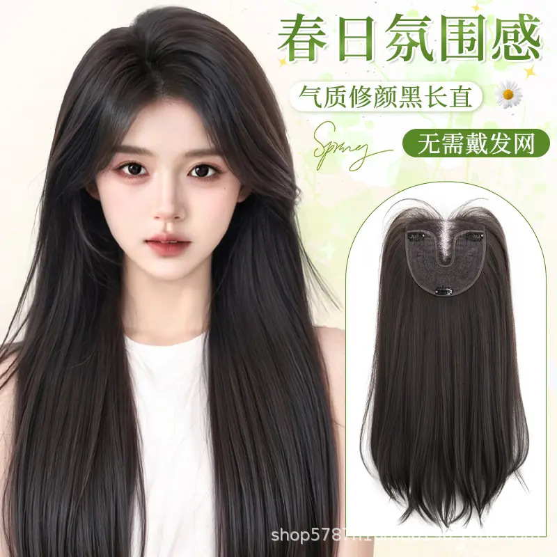 여성용 수제 가발, 가볍고 얇은 머리피스, 머리 빗살 부분의 볼륨을 높여주고 헤어라인을 커버해주는 가발, 검은색의 긴 생머리, 눈에 보이지 않는 흔적 없는 헤어넷 없는 가발