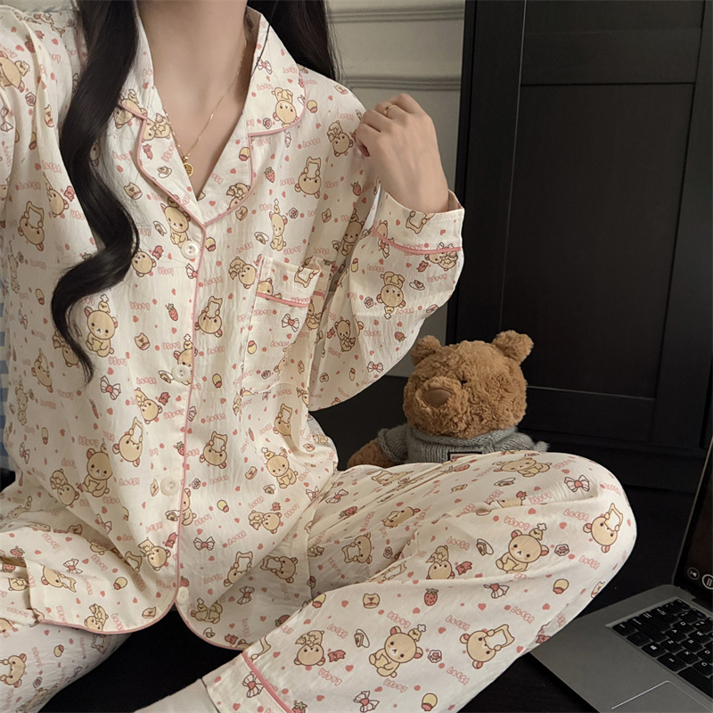 Spring and Autumn Long-Sleeved Trousers Pajamas for Women Cloud Cotton Korean Version Cartoon Sweet Internet Celebrity Cardigan Suit Cross-Border Wholesale