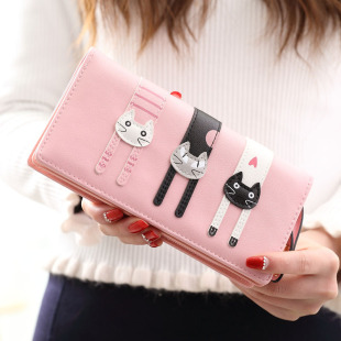New Ladies Wallet Fashion Cartoon Cat Zipper Large Capacity Three-fold Wallet Student Change Wallet Mobile Phone Bag