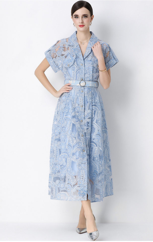 Đầm maxi nữ ren thêu hoa cổ vest cài cúc thắt eo dáng dài thanh lịch — xanh lam, màu trắng, màu vàng chi tiết 9