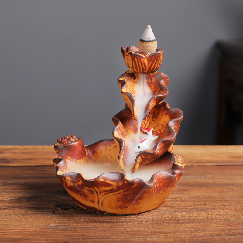 倒流香炉陶瓷工艺品室内家居摆件荷叶双鱼窑变回流檀香炉跨境
