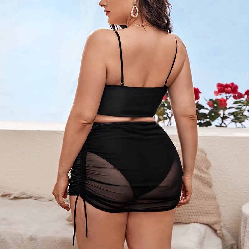 2023 New European and American Amazon Cross-border Large Size Mesh Three-piece Solid Color Drawstring Split Bikini Swimsuit