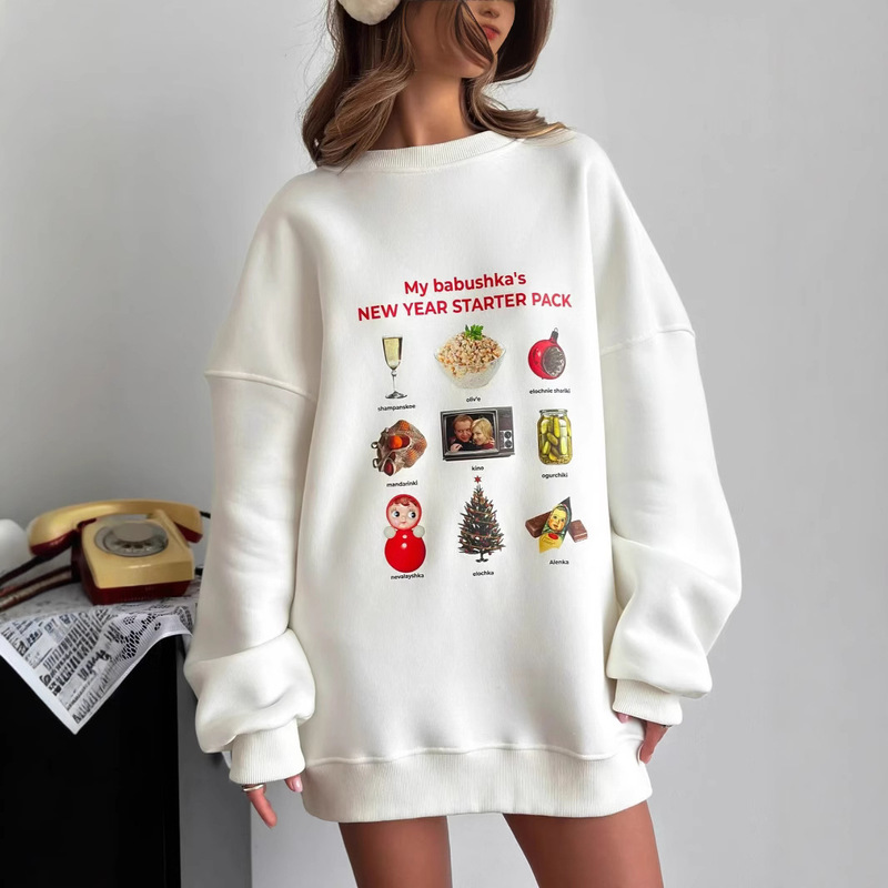 Autumn and Winter Fashion All-match Round Neck Sweatshirt Cartoon Sweet Age-reducing Printed Hiphop Distinctive fleece-lined Thickened Top