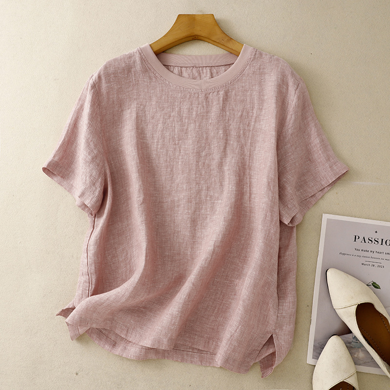ソリッドカラー Tシャツ女性のための 2025 夏の新しい文学と芸術のファッション年齢を減らすルーズ痩身スプライシングラウンドネック Tシャツトップス女性のための|undefined