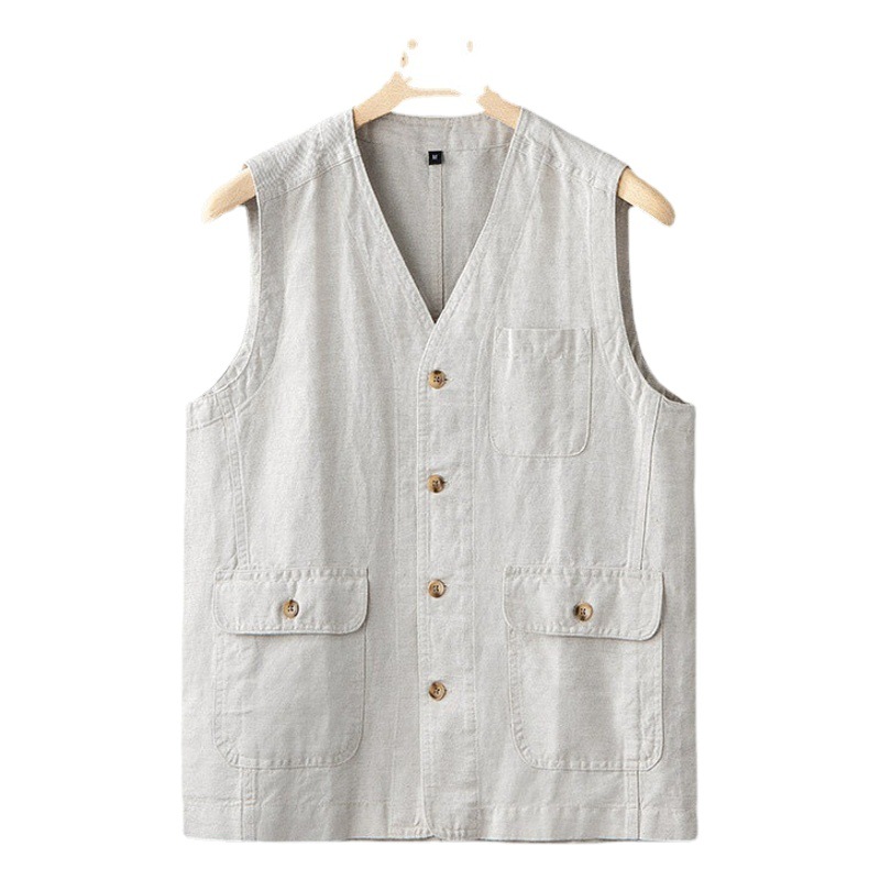 新商品の亜麻のベストの男性のゆったりした大きいサイズの日本の麻の綿のカジュアルなベストの青年のファッションの上着のvネックの袖なし