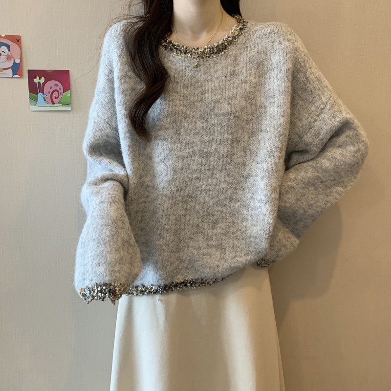 慵懒风长袖宽松显瘦上衣女洋气镶钻圆领套头纯色简约针织衫小香风|undefined
