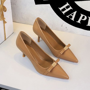 9998-1 French commuting versatile bow, shallow mouth patent leather shiny surface, slim heels, pointed temperament, sing