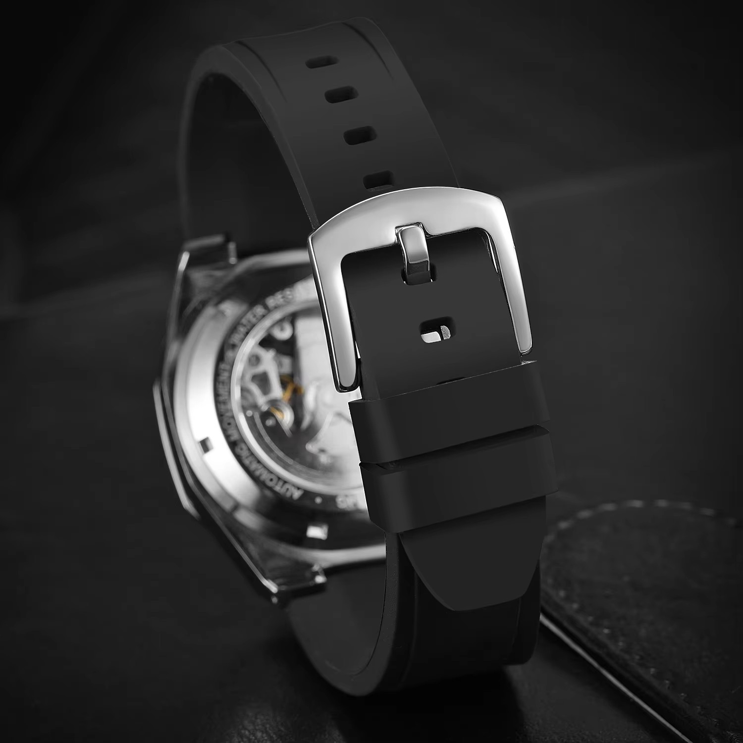 Men's Mechanical Skeleton Watch Silver Automatic Rubber Strap_voghion.com