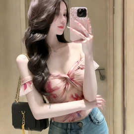 LC80740D网纱一字肩印花扭结短袖T恤女夏季设计感修身纯欲风短款