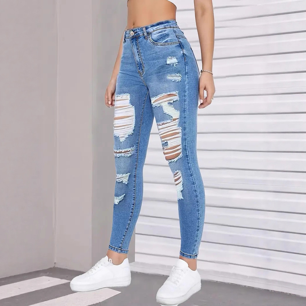 2025 European And American Foreign Trade New Fashion High Waist Hole Elastic Tight Versatile Pants Denim Trousers Women_voghion.com