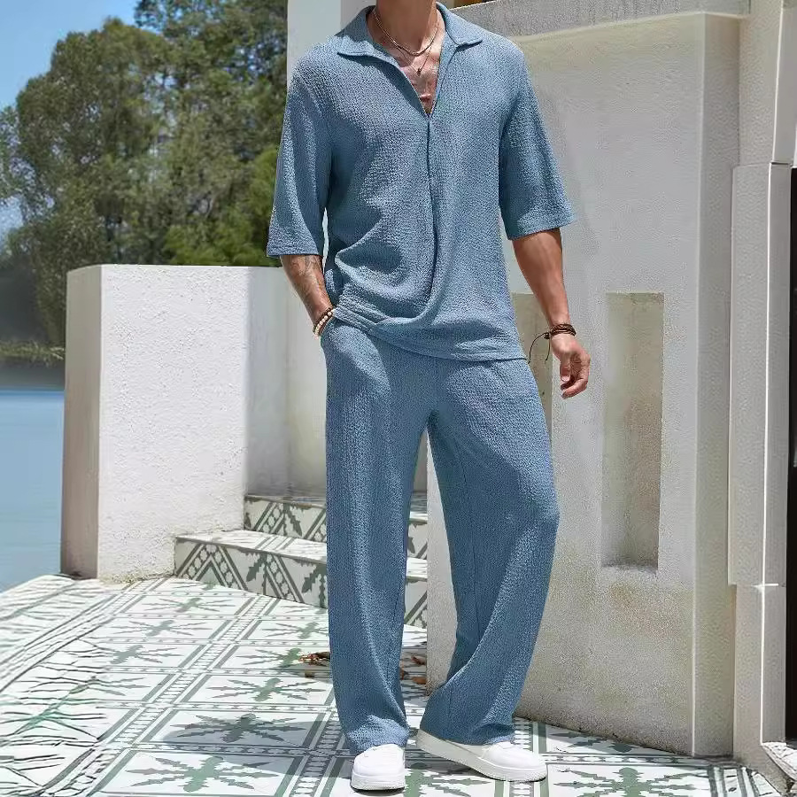 Men's Commuting Suit: Casual Shirt With Short Sleeves And Long Pants For Outdoor Activities_viptrois.com