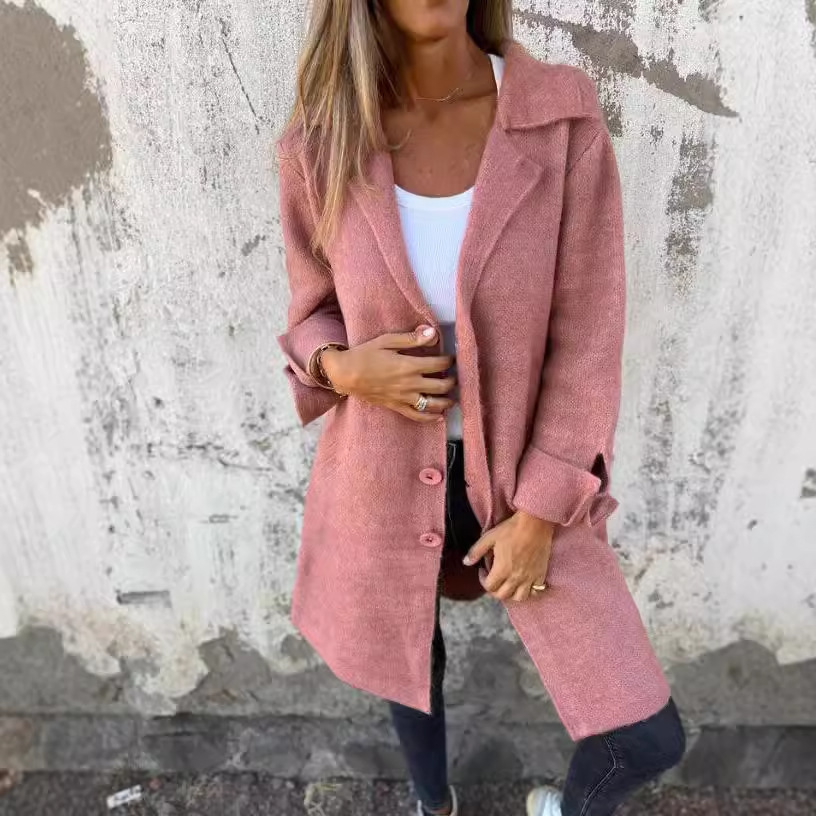 2024 Autumn/Winter Amazon Cross-Border New Women's Solid Color Lapel Pocket Cardigan Single-Breasted Mid-Length Coat