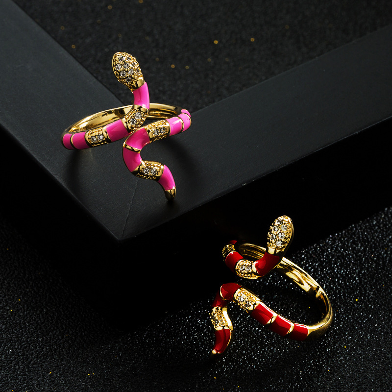 Fashion Copper Gold-plated Micro-set Zircon Drip Oil Snake Open Ring display picture 3