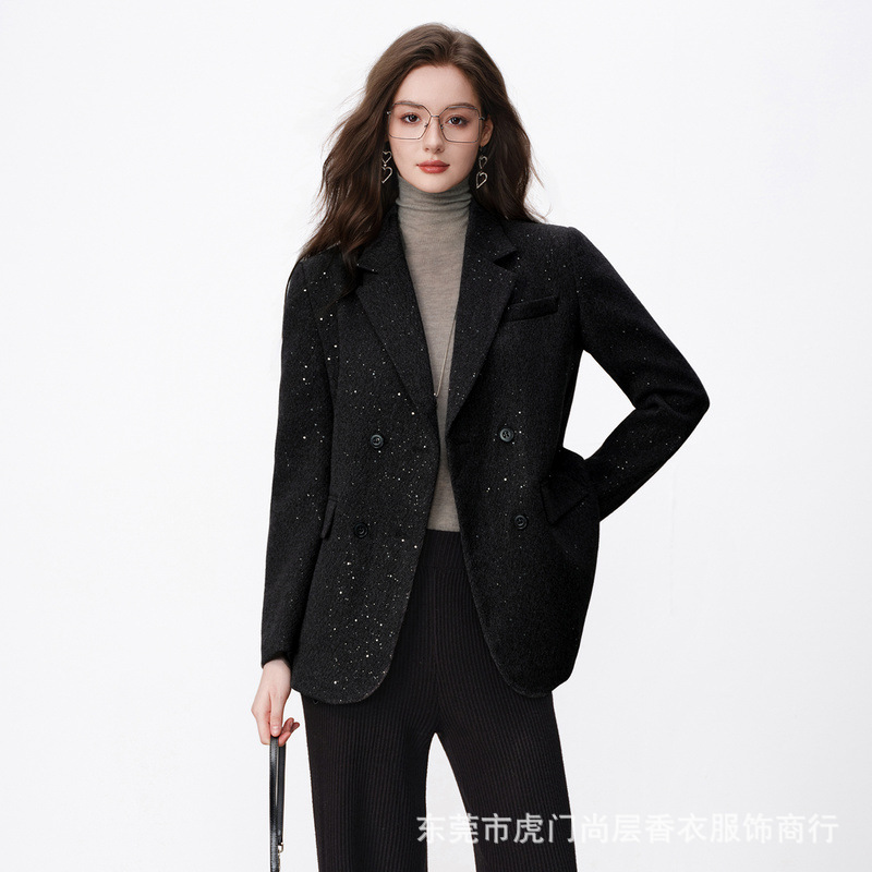 Cross-border black sequin blazer for women, loose silhouette, double-breasted, lapel collar, autumn and winter light luxury commuter women's clothing Cross-border black sequin blazer for women, loose silhouette, double-breasted, lapel collar, autumn and winter light luxury commuter women's clothing